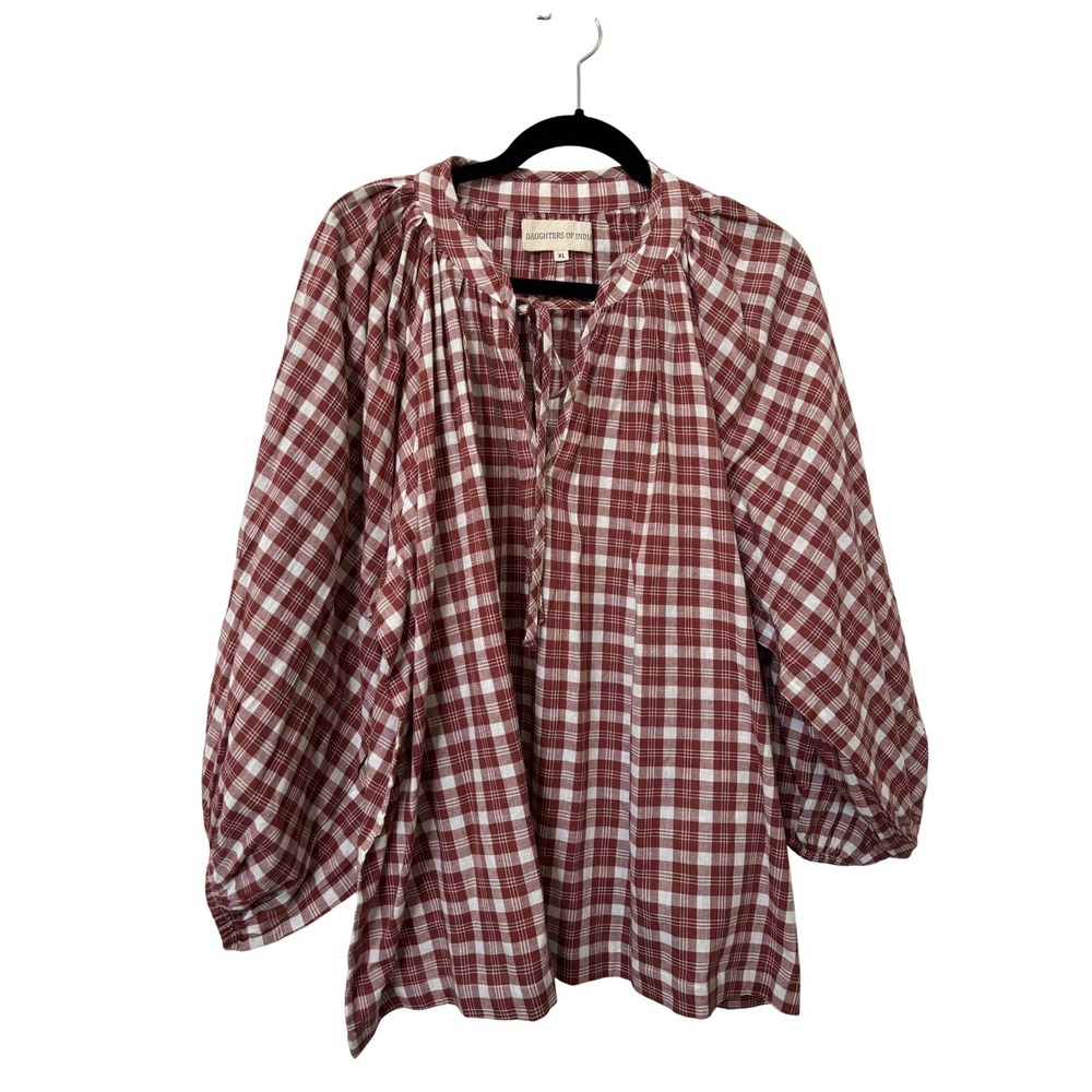 Daughters of India Poet Blouse Red Gingham Cotton Balloon Sleeve Tie Neck XL
